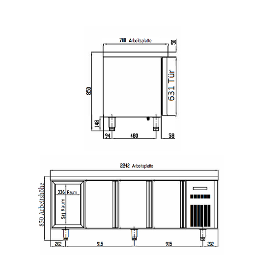 Vaiotec Topline Gastro-Kühltisch, 4-fach GN 1/1 mit 6 Schubladen, 1 Tür, 2245 × 700 mm, Bild 5