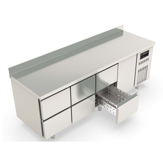 Vaiotec Topline Gastro-Kühltisch, 4-fach GN 1/1 mit 6 Schubladen, 1 Tür & Aufkantung, 2245 × 700 mm, Bild 2