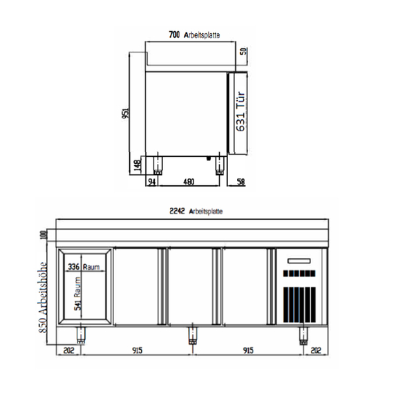 Vaiotec Topline Gastro-Kühltisch, 4-fach GN 1/1 mit 6 Schubladen, 1 Tür & Aufkantung, 2245 × 700 mm, Bild 5