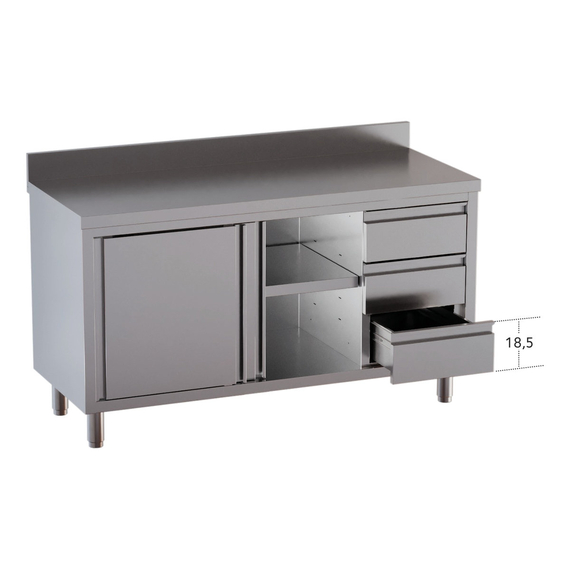 Vaiotec Topline Gastro-Arbeitsschrank, 2 Schiebetüren, 3 Schubladen rechts & Aufkantung, 1800 × 600 mm, Bild 2