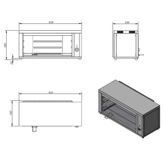 Vaiotec Salamander mit 4 Einschubhöhen, 2 kW, 610 × 340 mm, Bild 2