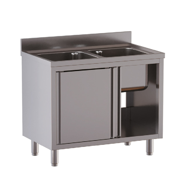 Vaiotec Topline Gastro-Spülschrank, 2 Becken mit Schiebetüren, 1200 × 700 mm