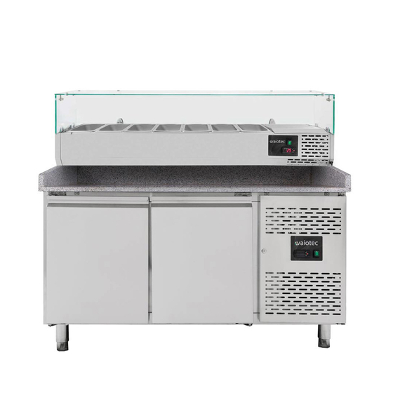 Vaiotec Gastro-Pizzakühltisch, 2-türig grau inkl. Gastro-Kühlaufsatz GN 1/4, 1510 × 800 mm
