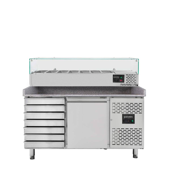 Vaiotec Gastro-Pizzakühltisch, 1-türig & 7 Schubladen grau inkl. Gastro-Kühlaufsatz GN 1/4, 1510 × 800 mm