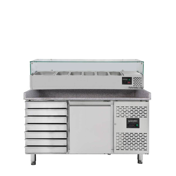 Vaiotec Gastro-Pizzakühltisch, 1-türig & 7 Schubladen grau inkl. Gastro-Kühlaufsatz GN 1/3, 1510 × 800 mm