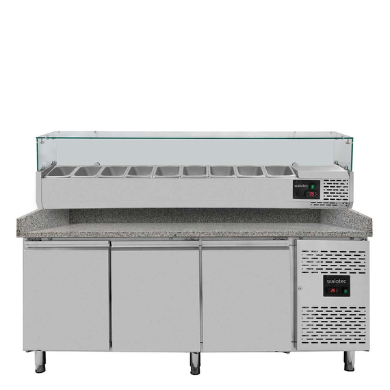 Vaiotec Gastro-Pizzakühltisch, 3-türig grau inkl. Gastro-Kühlaufsatz GN 1/3, 2020 × 800 mm