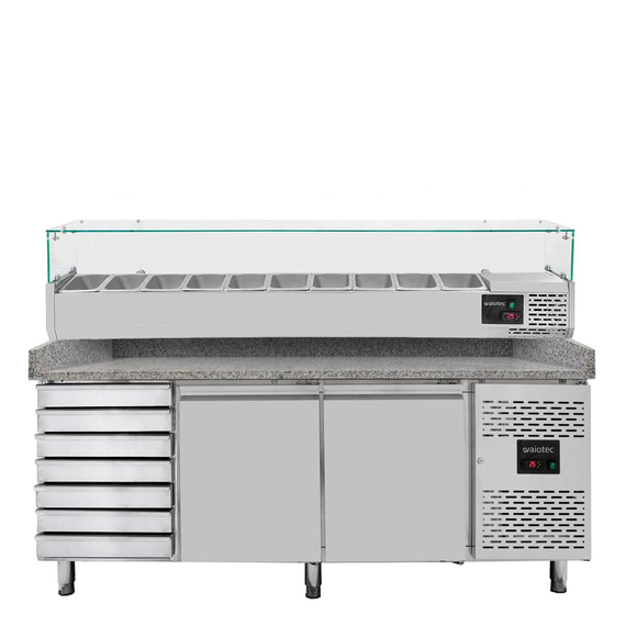 Vaiotec Gastro-Pizzakühltisch, 2-türig & 7 Schubladen grau inkl. Gastro-Kühlaufsatz GN 1/4, 2020 × 800 mm