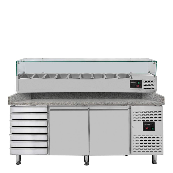 Vaiotec Gastro-Pizzakühltisch, 2-türig & 7 Schubladen grau inkl. Gastro-Kühlaufsatz GN 1/3, 2020 × 800 mm