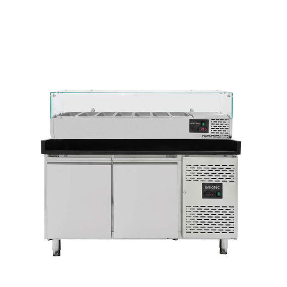 Vaiotec Gastro-Pizzakühltisch, 2-türig schwarz inkl. Gastro-Kühlaufsatz GN 1/4, 1510 × 800 mm
