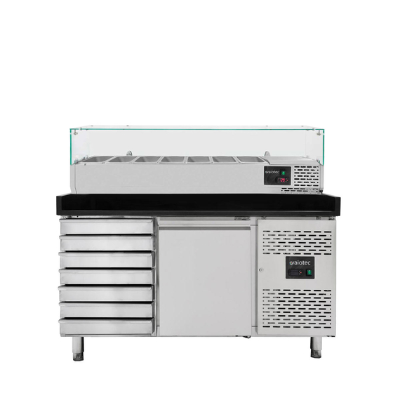 Vaiotec Gastro-Pizzakühltisch, 1-türig & 7 Schubladen schwarz inkl. Gastro-Kühlaufsatz GN 1/4, 1510 × 800 mm