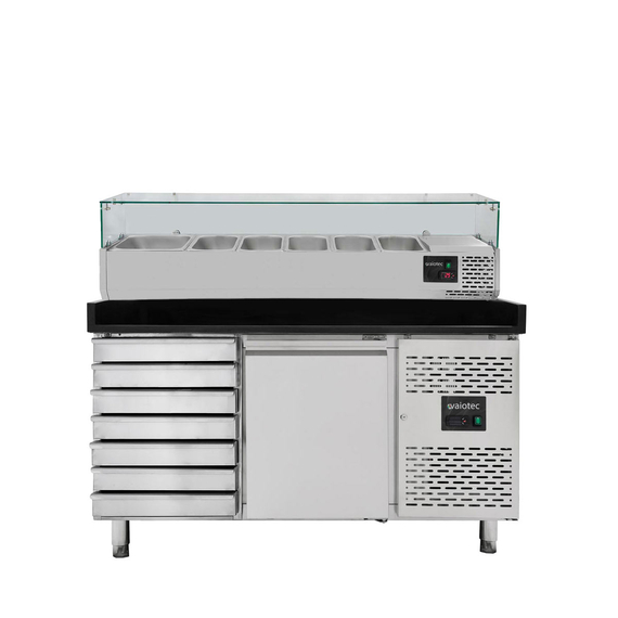 Vaiotec Gastro-Pizzakühltisch, 1-türig & 7 Schubladen schwarz inkl. Gastro-Kühlaufsatz GN 1/3, 1510 × 800 mm