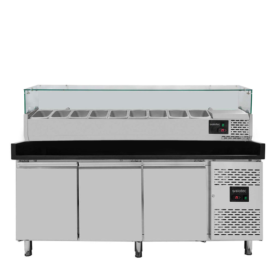 Vaiotec Gastro-Pizzakühltisch, 3-türig schwarz inkl. Gastro-Kühlaufsatz GN 1/3, 2020 × 800 mm