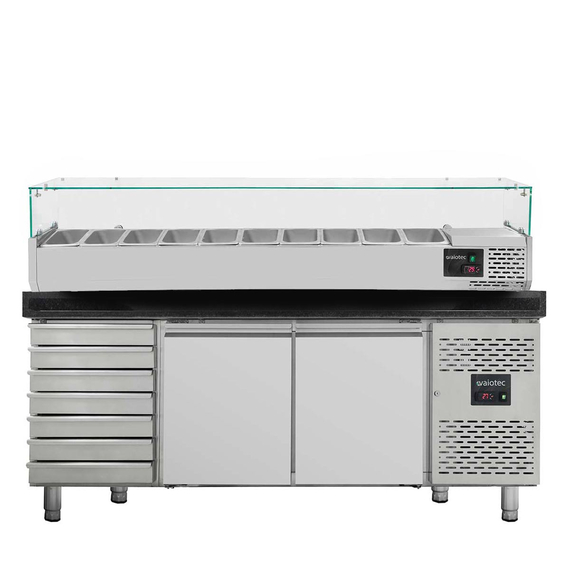 Vaiotec Gastro-Pizzakühltisch, 2-türig & 7 Schubladen schwarz inkl. Gastro-Kühlaufsatz GN 1/4, 2020 × 800 mm