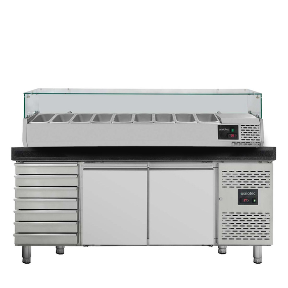 Vaiotec Gastro-Pizzakühltisch, 2-türig & 7 Schubladen schwarz inkl. Gastro-Kühlaufsatz GN 1/3, 2020 × 800 mm