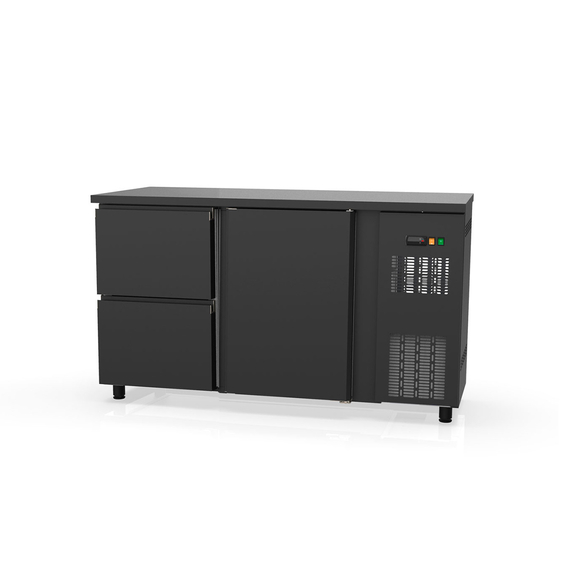 Vaiotec Topline Gastro-Barkühltisch schwarz, 1 Tür & 2 Schubladen, 1485 × 530 mm
