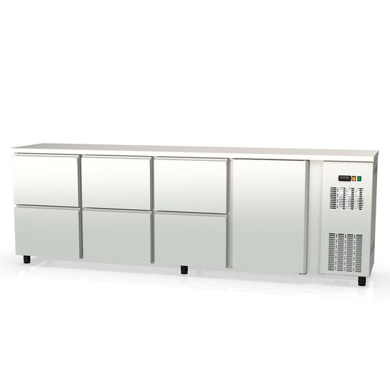 Vaiotec Topline Gastro-Barkühltisch Edelstahl, 1 Tür & 6 Schubladen, 2565 × 530 mm