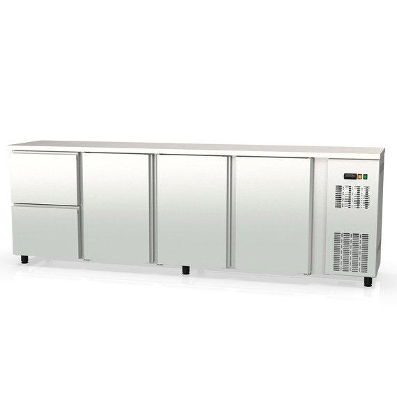 Vaiotec Topline Gastro-Barkühltisch Edelstahl, 3 Türen & 2 Schubladen, 2565 × 530 mm