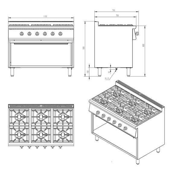 Vaiotec Gastro-Gasherd – 6 Brenner 43,2 kW – offener Unterbau, 1100 × 700 mm, Bild 7