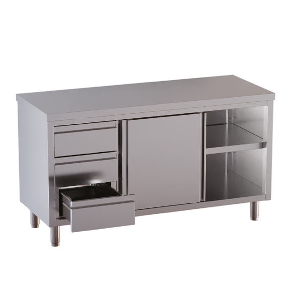 Vaiotec Topline Gastro-Arbeitsschrank, 2 Schiebetüren & 3 Schubladen links, 1600 × 600 mm
