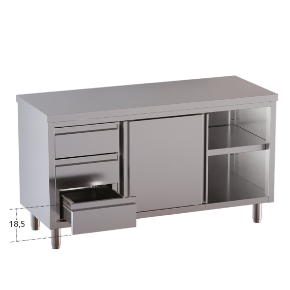 Vaiotec Topline Gastro-Arbeitsschrank, 2 Schiebetüren & 3 Schubladen links, 1800 × 700 mm, Bild 2