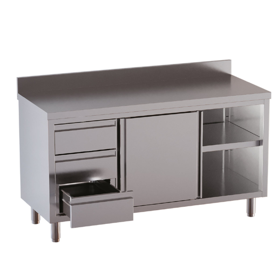 Vaiotec Topline Gastro-Arbeitsschrank, 1 Flügeltür, 3 Schubladen links & Aufkantung, 1200 × 700 mm