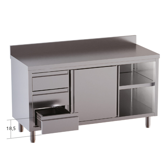 Vaiotec Topline Gastro-Arbeitsschrank, 1 Flügeltür, 3 Schubladen links & Aufkantung, 1200 × 700 mm, Bild 2