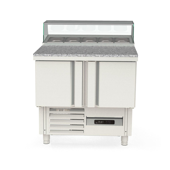Vaiotec Topline Gastro-Belegstation, 2-fach mit Türen, eckiger Glasaufsatz, GN 1/6, 925 × 700 mm