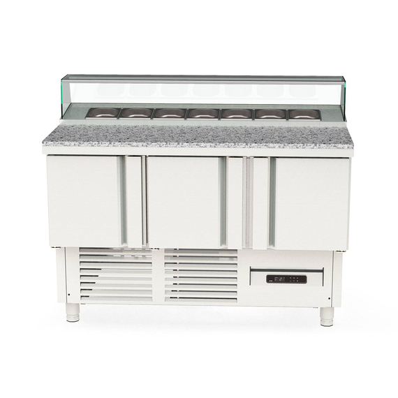 Vaiotec Topline Gastro-Belegstation, 3-fach mit Türen, eckiger Glasaufsatz, GN 1/6, 1375 × 700 mm