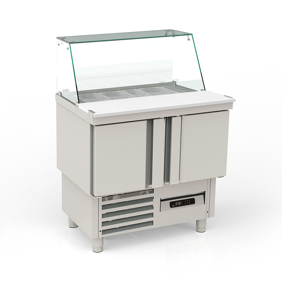 Vaiotec Topline Gastro-Saladette, 2-fach mit Türen, Glasaufsatz schräg, GN 1/6, 925 × 700 mm