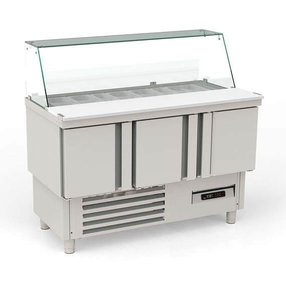 Vaiotec Topline Gastro-Saladette, 3-fach mit Türen, Glasaufsatz schräg, GN 1/6 & 1/9, 1375 × 700 mm