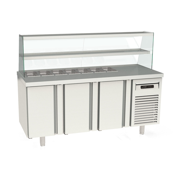 Vaiotec Topline Kebabstation, 3-fach mit Türen, Glasaufsatz mit Zwischenetage, GN 1/3, 1795 × 700 mm