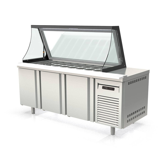 Vaiotec Topline Gastro-Zubereitungstisch, 3-fach mit Türen, Glasklappdeckel, GN 1/6, EN 60x40, 2020 × 800 mm, Bild 3