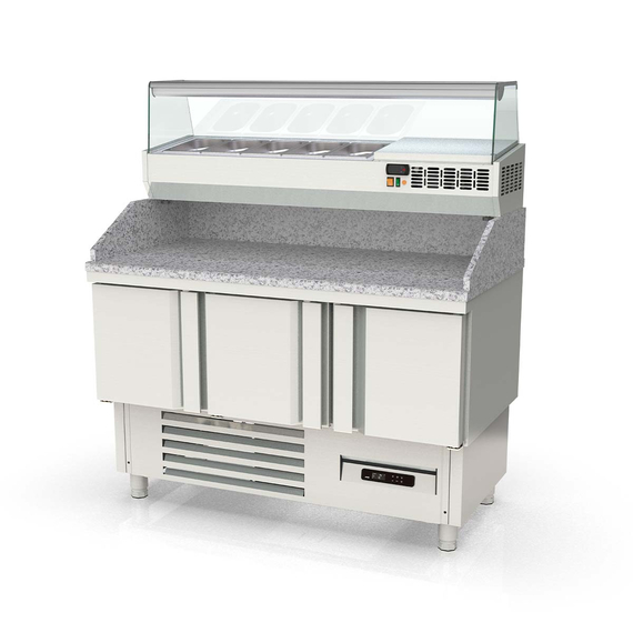 Vaiotec Topline Gastro-Pizzatisch, 3-fach mit Türen, Granitplatte grau, inkl. Gastro-Kühlaufsatz, GN 1/4, 1370 × 700 mm, Bild 2
