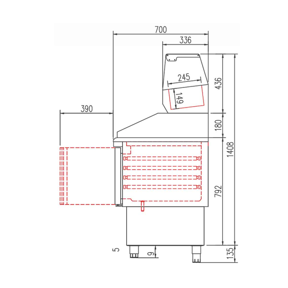 Vaiotec Topline Gastro-Pizzatisch, 3-fach mit Türen, Granitplatte grau, inkl. Gastro-Kühlaufsatz, GN 1/4, 1370 × 700 mm, Bild 5