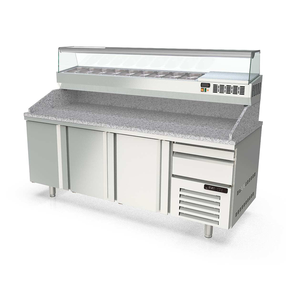 Vaiotec Topline Gastro-Pizzatisch, 3-fach mit Türen, EN 60x40, Schublade, Granitplatte grau, inkl. Gastro-Kühlaufsatz, GN 1/4, 2090 × 800 mm, Bild 2