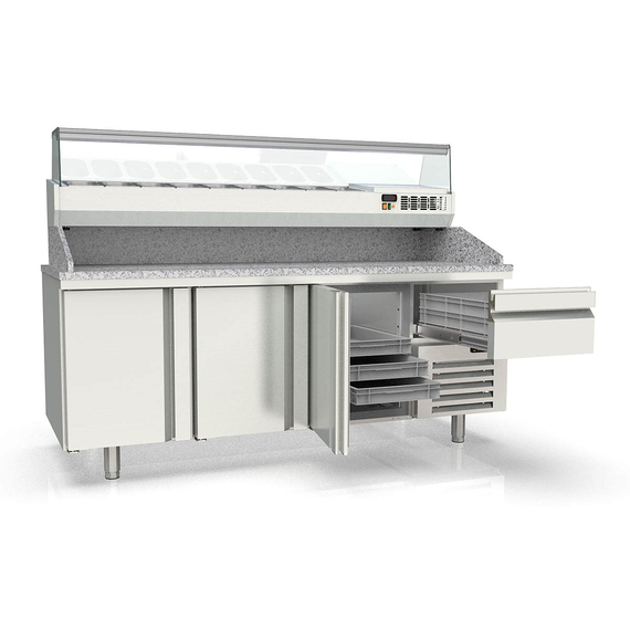 Vaiotec Topline Gastro-Pizzatisch, 3-fach mit Türen, EN 60x40, Schublade, Granitplatte grau, inkl. Gastro-Kühlaufsatz, GN 1/4, 2090 × 800 mm, Bild 3