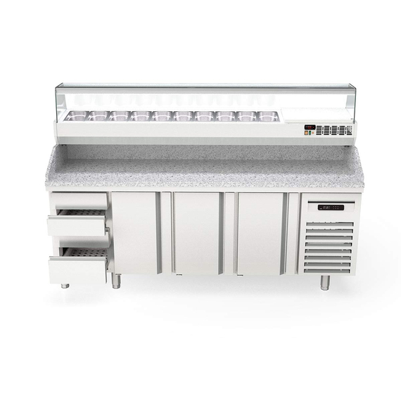 Vaiotec Topline Gastro-Pizzatisch, 4-fach mit 3 Türen, Schubladenblock, Granitplatte grau, inkl. Gastro-Kühlaufsatz, GN 1/4, 2245 × 700 mm, Bild 2