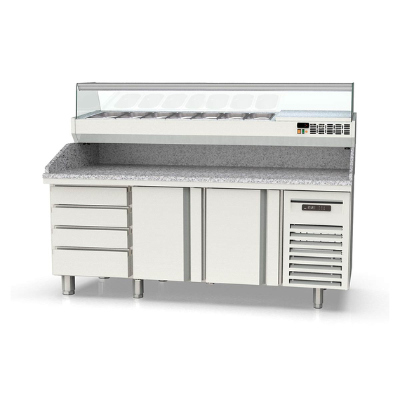Vaiotec Topline Gastro-Pizzatisch, 3-fach mit 2 Türen, EN 60x40, Schubladenblock, Granitplatte grau, inkl. Gastro-Kühlaufsatz, GN 1/4, 2020 × 800 mm