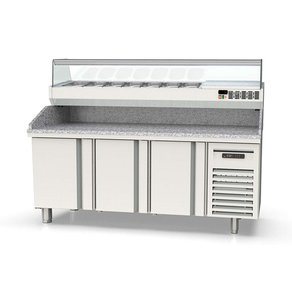Vaiotec Topline Gastro-Pizzatisch, 3-fach mit Türen, Granitplatte grau, inkl. Gastro-Kühlaufsatz, GN 1/4, 2020 × 600 mm