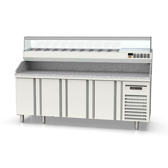 Vaiotec Topline Gastro-Pizzatisch, 4-fach mit Türen, Granitplatte grau, inkl. Gastro-Kühlaufsatz, GN 1/4, 2245 × 700 mm