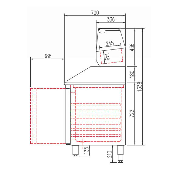 Vaiotec Topline Gastro-Pizzatisch, 4-fach mit Türen, Granitplatte grau, inkl. Gastro-Kühlaufsatz, GN 1/4, 2245 × 700 mm, Bild 4