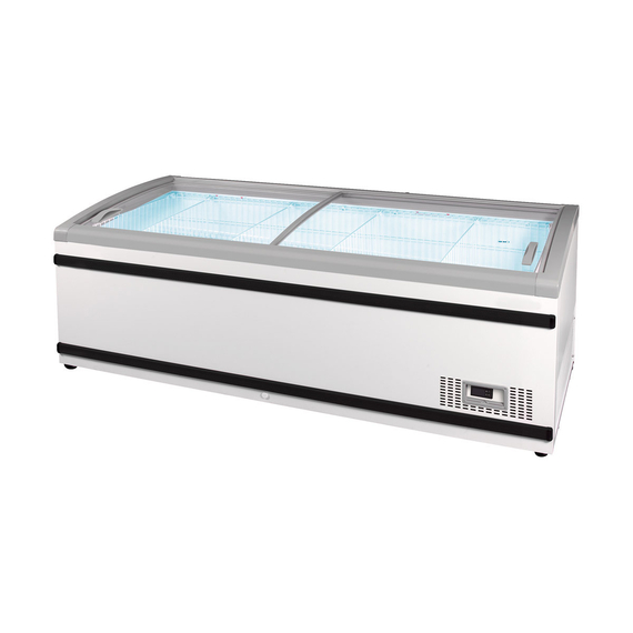 Vaiotec Topline Gewerbe-Tiefkühltruhe 900 mit Glasschiebedeckel, Weiß, Kopfendtruhe für Kombinationen, LED, 1970 × 865 mm