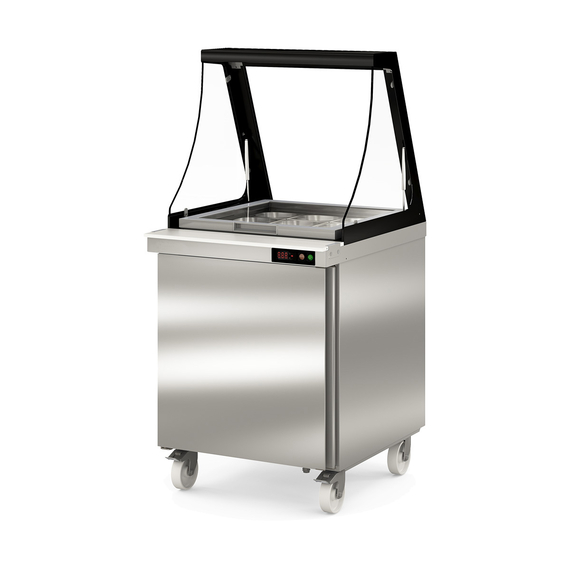 Vaiotec Topline Gastro-Zubereitungstisch, 1-fach mit Tür, Glasklappdeckel, auf Rollen, GN 1/6, 701 × 830 mm