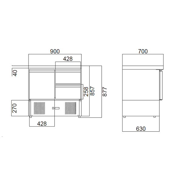 Vaiotec Gastro-Kühltisch Mini, 2-fach – mit 1 Tür & 2 Schubladen, 900 × 700 mm, Bild 9