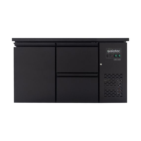 Vaiotec Gastro-Barkühltisch schwarz, 1 Tür & 2 Schubladen – 280 l, 1465 × 520 mm