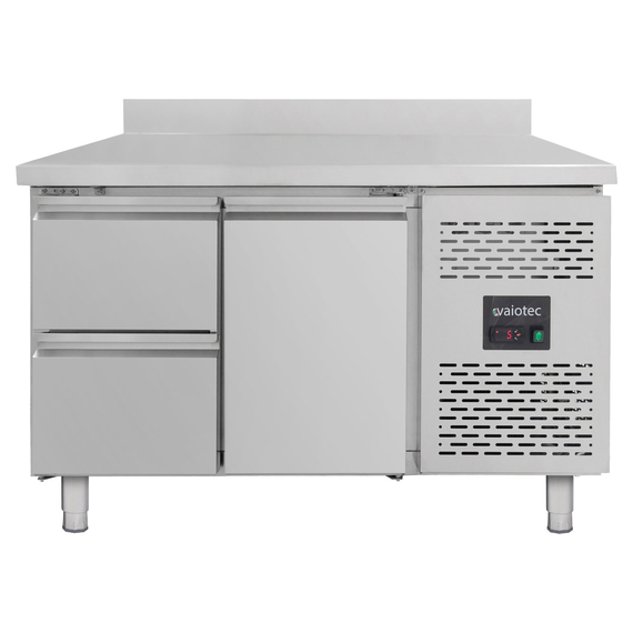 Vaiotec Gastro-Kühltisch, 1 Tür & 2 Schubladen inkl. Aufkantung – Monoblock, 1360 × 700 mm