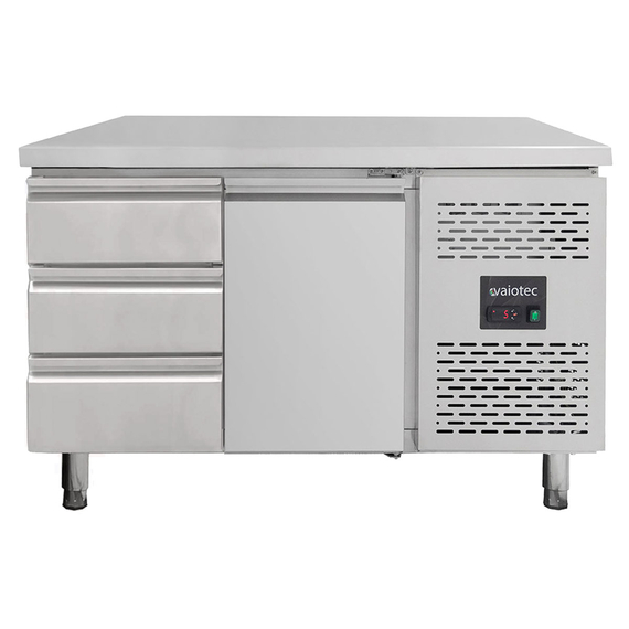 Vaiotec Gastro-Kühltisch, 1 Tür & 3 Schubladen links – Monoblock, 1360 × 700 mm