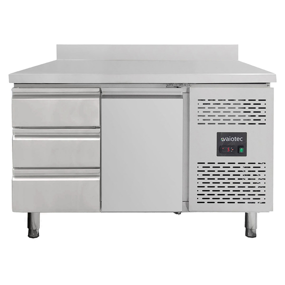 Vaiotec Gastro-Kühltisch, 1 Tür & 3 Schubladen links inkl. Aufkantung – Monoblock, 1360 × 700 mm