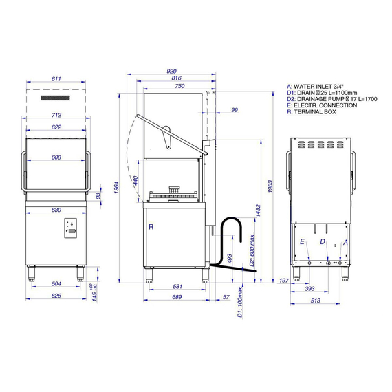 Vaiotec Haubenspülmaschine 50x50, 400 Volt – Modell: VT-EX HW54 DRD, 630 × 750 mm, Bild 6