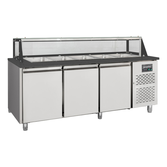 Vaiotec Salattheke, 3-fach mit Türen, Glasaufbau, für 5x GN 1/1 schwarz, 2000 × 800 mm